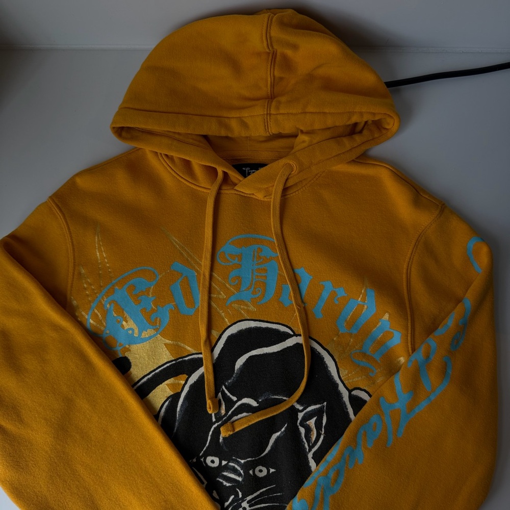 Ed Hardy Mustard Yellow Graphic Hoodie with Panther Motif